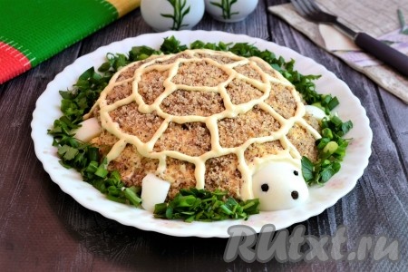Рецепт салата "Черепаха" с курицей и грецкими орехами
