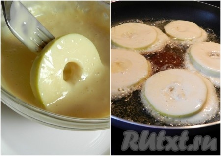В сковороде разогреть масло. Нарезанные яблоки опускать в кляр и обжаривать с двух сторон, как оладьи.