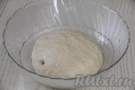 Выложить тесто в миску, смазанную растительным маслом. Миску накрыть плёнкой (или полотенцем). Оставить тесто для подъёма на 1,5 часа в тепле.
